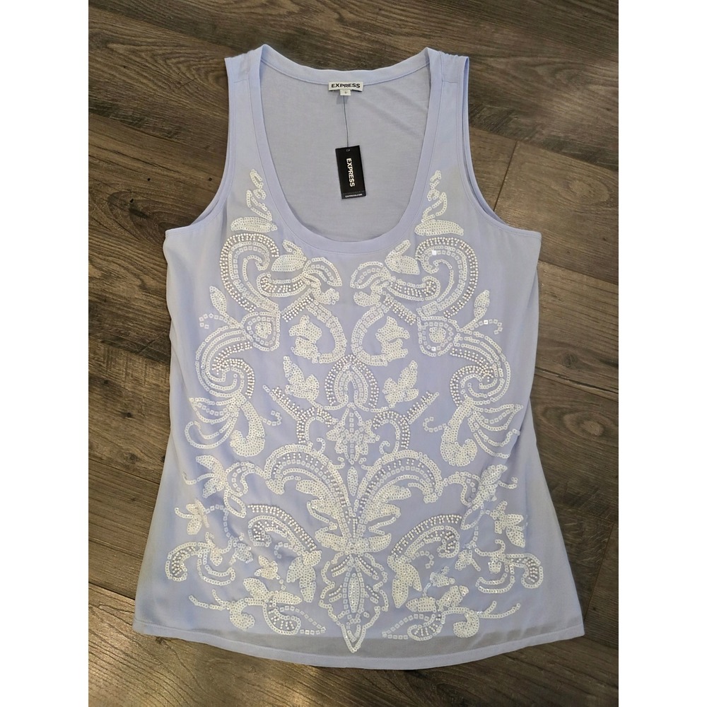 NWT Women's sz L Express Periwinkle Blue Sequin Embellished Paisley Tank Top